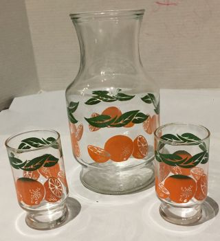 Vintage Anchor Hocking Orange Juice Pitcher Carafe Decanter And 2 Juice Glasses