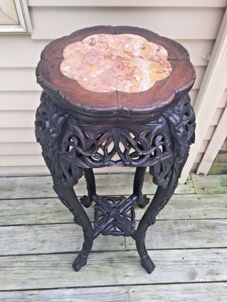 Antique Chinese Carved Rose Wood Fern Stand With Marble Top