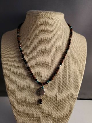 Vintage Sterling Silver Navajo Mahogany Obsidian Turquoise Necklace 16 Inch