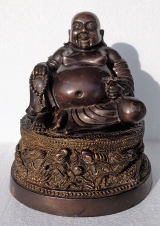 Cina (china) : Old Chinese Bronze Laughing Buddha Figurine With Dragon Base