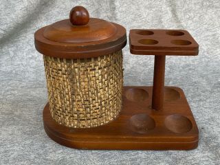 Vintage Walnut 4 Smoking Tobacco Pipe Holder Stand Rack W/ Cork Lined Humidor