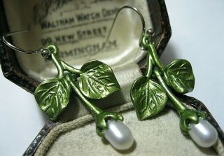 Vintage Style Art Deco Enamelled Real Pearl Lily Flower Drop Earrings