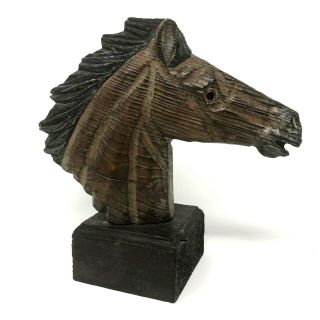 Vintage Carved Wood Horse Head Sculpture Glass Eyes Square Wood Display Base