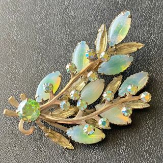 Unsigned Judy Lee Vintage Green Givre Glass Flower Ab Rhinestone Brooch Pin 241