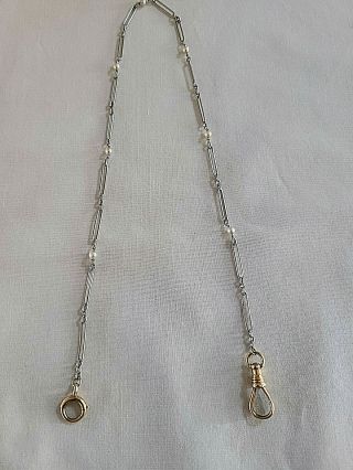 Antique Platinum & 14k Yg Watch Chain With Pearls 15 1/2 " Has Swivel & Clasp