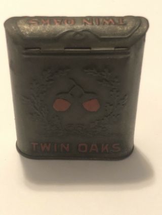 Vintage Antique TWIN OAKS Tobacco Mixture Vertical Pocket Tin Roll Top Embossed 3