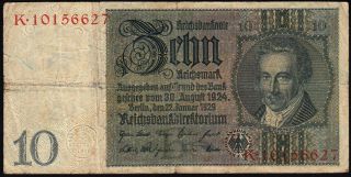 1929 10 Reichsmark Germany Vintage Nazi Money Banknote Third Reich Currency F