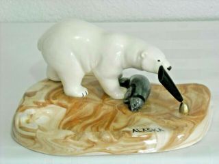 Vintage Large White Polar Bear Seal Alaska Ceramic Souvenir Ashtray W/pen Holder