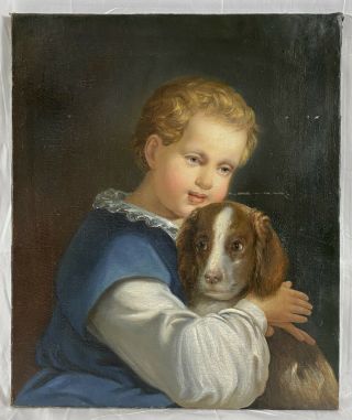 Antique 19th Century Portrait Of A Young Boy / Child With Dog,  Oil On Canvas