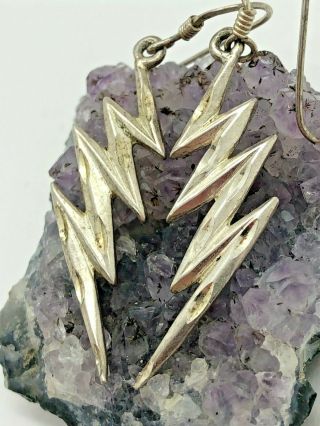 Vintage Sterling Silver Zig Zag Lightning Bolt Dangle Earrings 3 Grams Signed 2