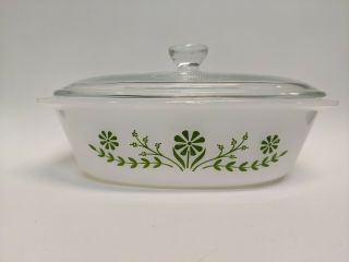 Glasbake Covered Casserole Dish Green Flowers Vintage