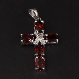 Vtg Sterling Silver - Garnet & Diamond Cluster Cross Religious Pendant - 2g