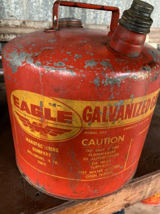 Vintage Eagle 5 Gallon 26 Gauge Galvanized Gas Gasoline Can Model 505 Usa