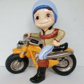 Vintage Atlantic Mold Company Ceramic Boy Mac Riding Motorcycle 1976