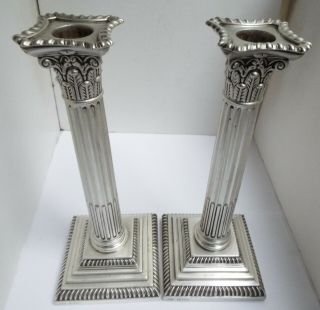 Heavy Large 9 " Pair English Antique 1905 Solid Silver Column Candlesticks