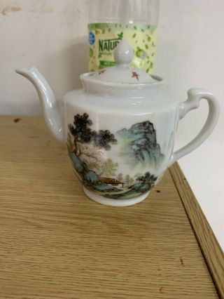 Antique Chinese Famille Rose Porcelain Teapot With Landscape Red Characters Mark
