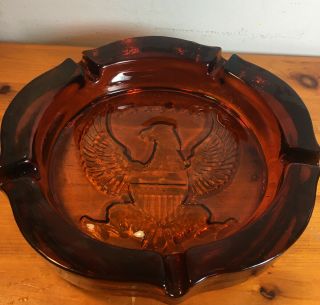 Vintage Large 10 Inch Amber Eagle America Stars Glass Ashtray