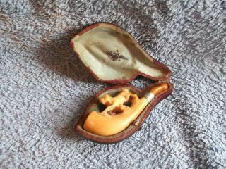 Meerschaum Estate Pipe Carved Dogs,  Case