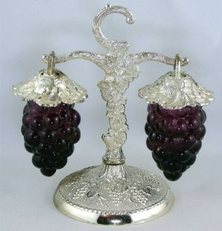 Vtg Purple Glass Hanging Grapes Salt & Pepper Shaker W/ Stand Made In Japan