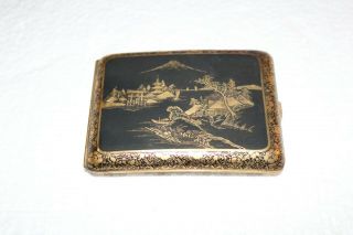 Vintage Mt.  Fuji Japan Cigarette Case Black Brass Gold Tone 4 1/4 " X3 1/4 "