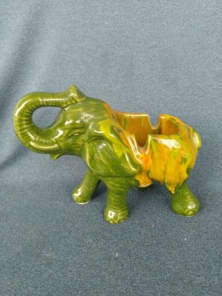 Vintage Ceramic Elephant Ashtray Green Brown Drip Glaze Mid Century Trunk Up