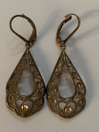 Vintage Art Deco 925 Sterling Silver Filigree Leverback Dangle Heart Earrings