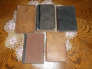 5 Early Vintage School Books,  Geometry To Literature,  1855 - 1870,  Leather Bound Ed 
