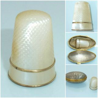Antique French Palais Royal Mother Of Pearl Thimble Egg Shape Case Sewing Notion