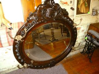 Antique Oak Mirror Frame Ornate Carvings Beveled Mirror Lion Head Hoods 1900 