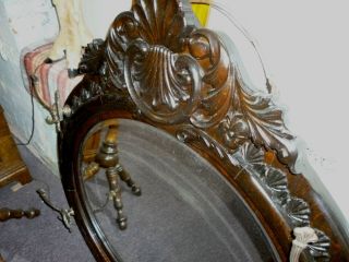 Antique Oak Mirror Frame Ornate carvings Beveled mirror Lion head hoods 1900 ' s 3