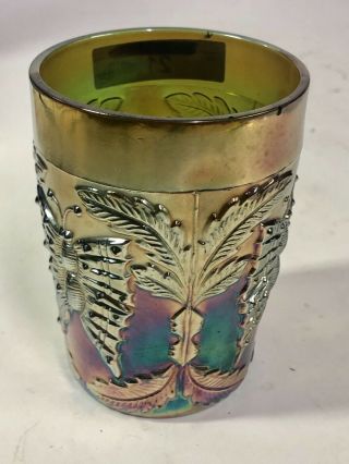 Antique 1910 Fenton Green Carnival Glass Butterfly And Fern Tumbler Vintage Cup