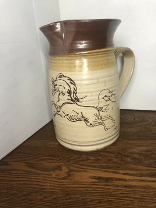 Vintage Handmade Pottery Stoneware Pitcher With Horse Painted Variegated Browns