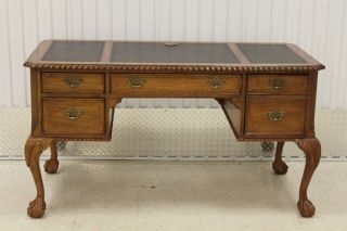 Chippendale Solid Oak Leather Top Ball & Claw Writing Desk