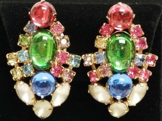 Vintage Signed Beau Jewels Multi - Color Rhinestone Glass Cabochon Clip Earrings