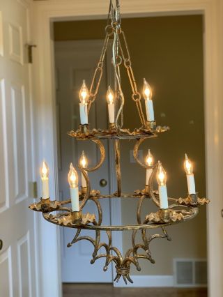 Antique French Medieval Chandelier Tudor Chateau Primitive Wrought Iron Gothic