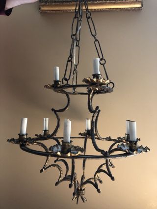 Antique French Medieval Chandelier Tudor Chateau Primitive Wrought Iron Gothic 2