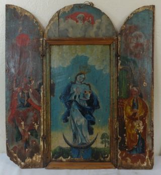 Antique 18th Century Santos Hand Painted On Wood Italian Religious Icon 3 Panels