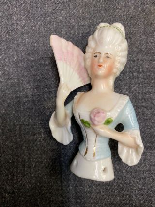 Vtg Antique 3.  5 " Porcelain Germany Pin Cushion Half Doll Victorian Lady W/fan
