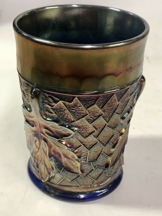 Antique 1912 Dugan Cobalt Blue Carnival Glass Maple Leaf Tumbler Vintage Cup