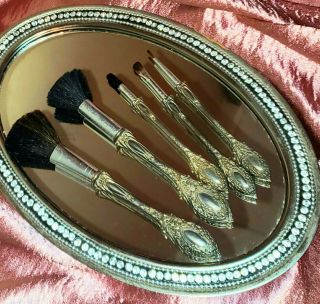Vintage Silver Plate Vanity Makeup Cosmetic Brushes Set Of 5