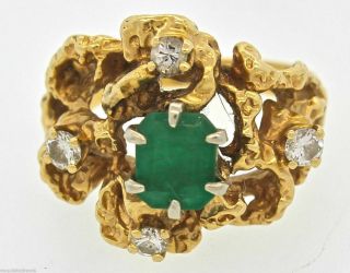Vintage Estate Antique 14k Yellow Gold Natural Emerald Cluster Diamond Ring