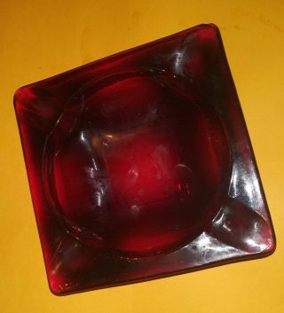 Vintage Ruby Red Glass Ashtray Square Mcm