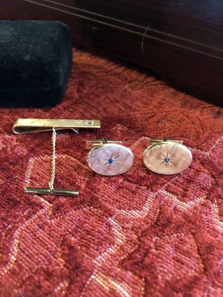 Vintage 14k Gold And Sapphire Tiffany Cufflinks And Tie Bar