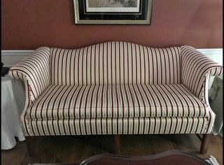 72” Chippendale Style Camel Back Sofa (gold&burgundy Striped Modern Upholstery)