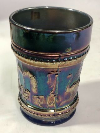 Antique 1912 Dugan Carnival Glass Blue Peacock At Fountain Tumbler Vintage Cup