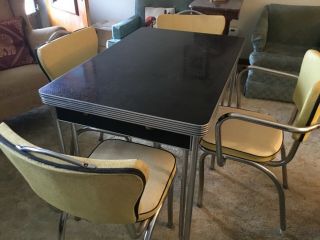 Mid Century Vintage Chrome Formica Kitchen Set - Table 4 Chairs Yellow & Black