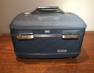 Vintage American Tourister Train Makeup Case Blue Luggage Hardcase