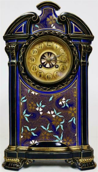 Rare Antique French 8 Day Striking Blue Enamel Porcelain Mantle Clock