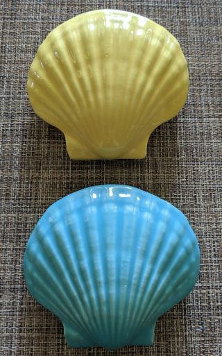 Vintage Ceramic Shell Wall Pocket Hangings - Blue And Yellow