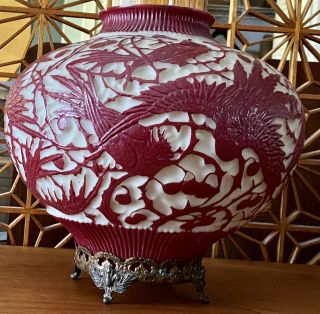 Antique Phoenix Bird Peking Glass Vases Jar Vessel Red White 10 " Bowl Chinese